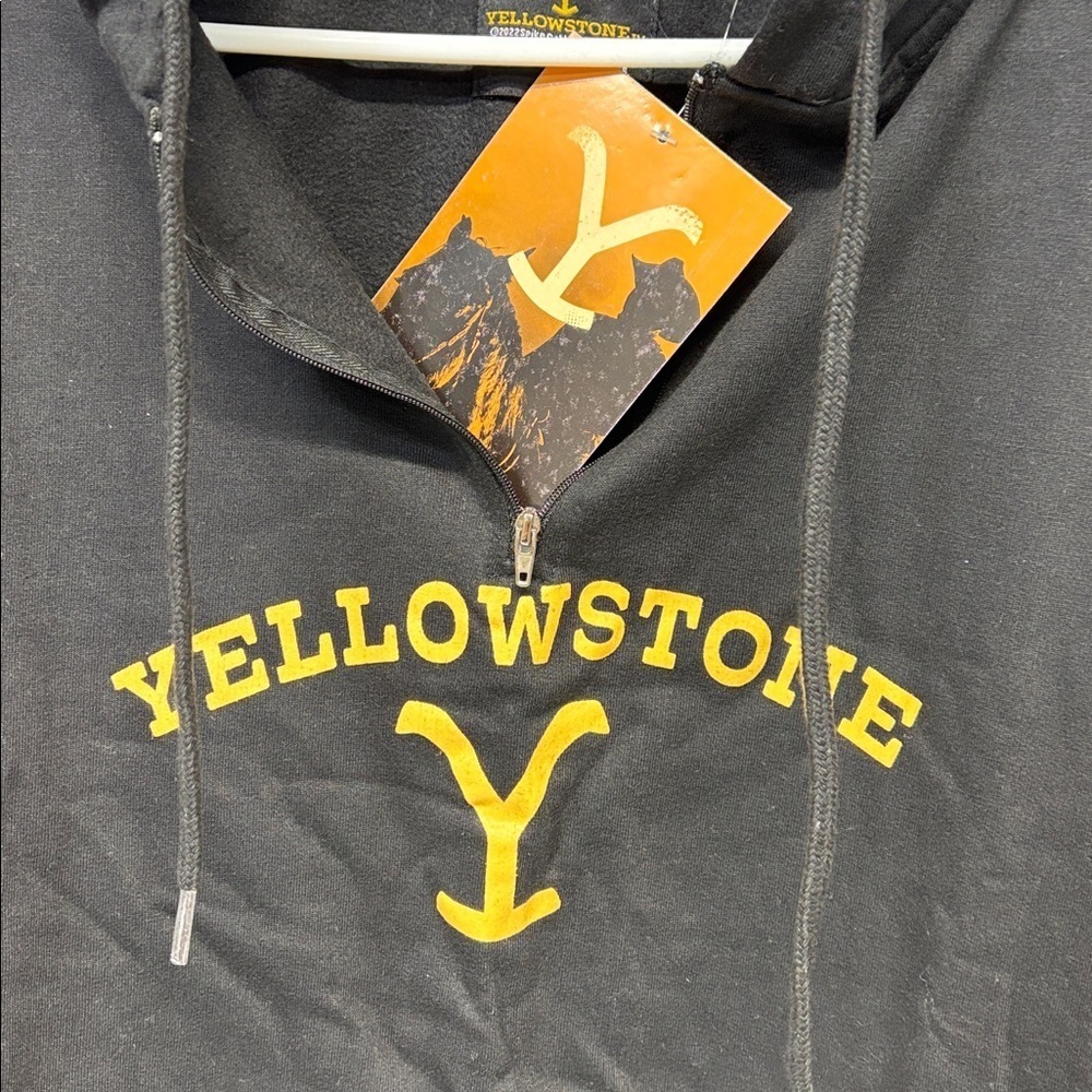 Yellowstone Black mid zip up Hoodie with Striped long Sleeves small - Picture 2 of 11